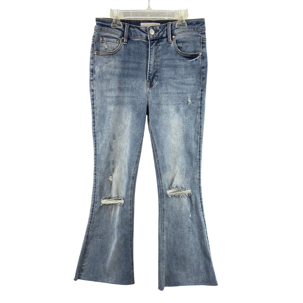 Risen Jeans Women 9 / 29 Flare Blue Distressed Raw Hem High Rise